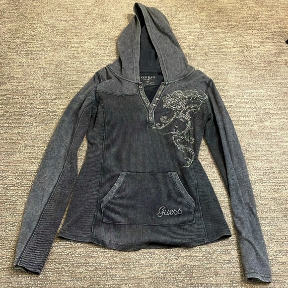 Y2K GUESS top with blings long sleeves with hood - Picture 6 of 13